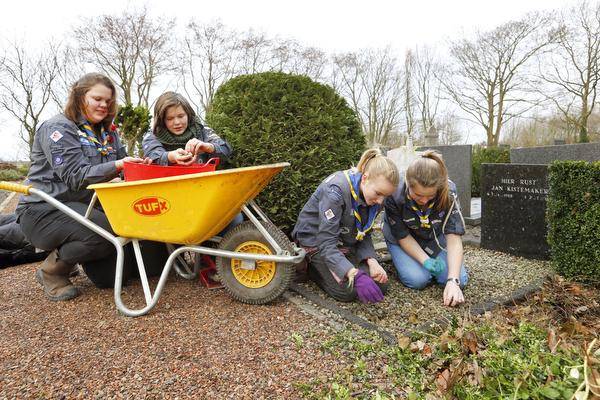 Meiden knappen graf op van plaatselijk weldoener Jan Kistemaker
